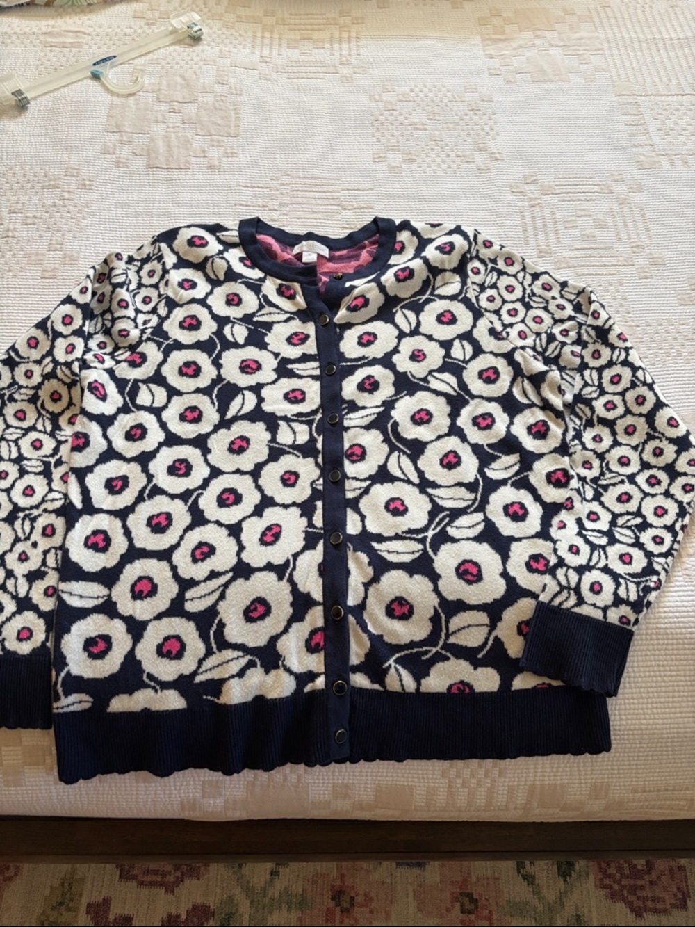 Charter Club Navy Floral Button-Front Cardigan with Cream & Pink Accents